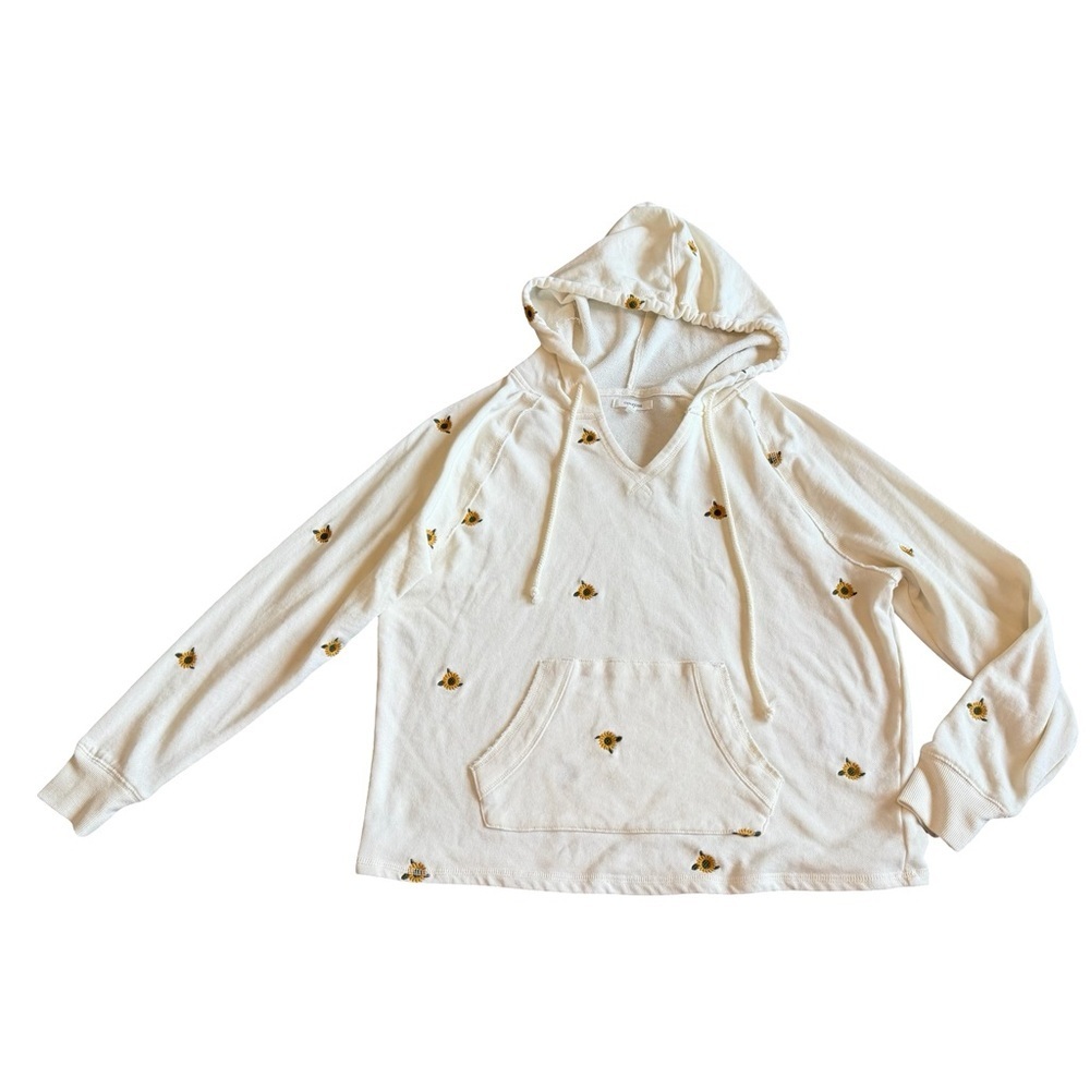 Maurices Cream Embroidered Sunflower Print Hoodie Hooded Sweatshirt Size Medium